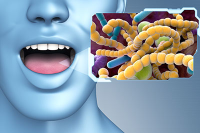 The image is a digital composite featuring a human face with an open mouth, set against a backdrop of a microscopic view of cells.