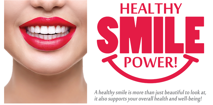 The image shows a close-up of a person s face with red lipstick, and there is text overlaid on the image that reads  HEALTHY SMILE POWER,  which suggests that the image may be related to dental care or oral health.
